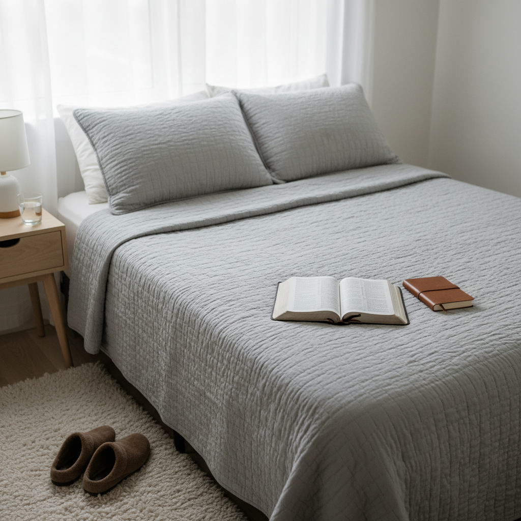 A neatly made bed with a textured light-gray quilt and two plush pillows, topped with an open Bible and a slim journal aligned side by side near the foot of the bed. A pair of cozy, worn slippers rests on a soft rug below, and a small nightstand holds a simple lamp and a glass of water. Diffused overcast daylight filters through sheer curtains, bathing the room in a gentle, even glow with minimal harsh shadows. Photographic realism, framed with the open Bible at the lower third, shot from a slightly elevated corner of the room, evoking a serene, intimate atmosphere of early-morning or late-night discipleship moments for a weary but devoted wife and mother.