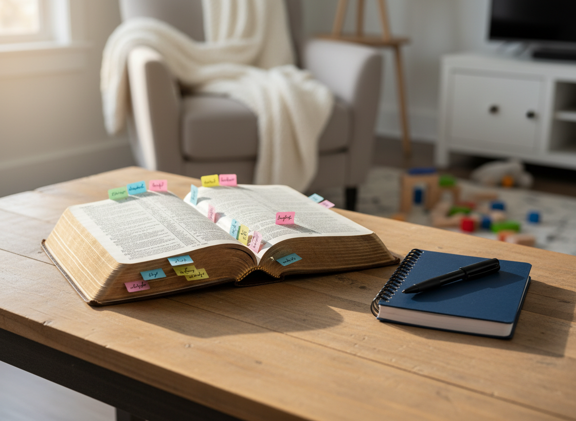 A well-worn leather Bible lying open on a simple wooden farmhouse table, its thin pages slightly curled at the edges and marked with colorful, handwritten tabs. Beside it rests a neatly closed spiral notebook and a capped pen, suggesting recent reflection time. In the background, out of focus, is a tidy living room with a cozy throw blanket and a few scattered children’s toys, hinting at a busy family home. Soft morning sunlight streams through a nearby window, creating gentle highlights along the Bible’s gilded page edges and casting calm shadows. Photographic realism with a clean, modern aesthetic, shot at eye level with shallow depth of field, evoking peace, hope, and quiet strength in the midst of everyday motherhood.