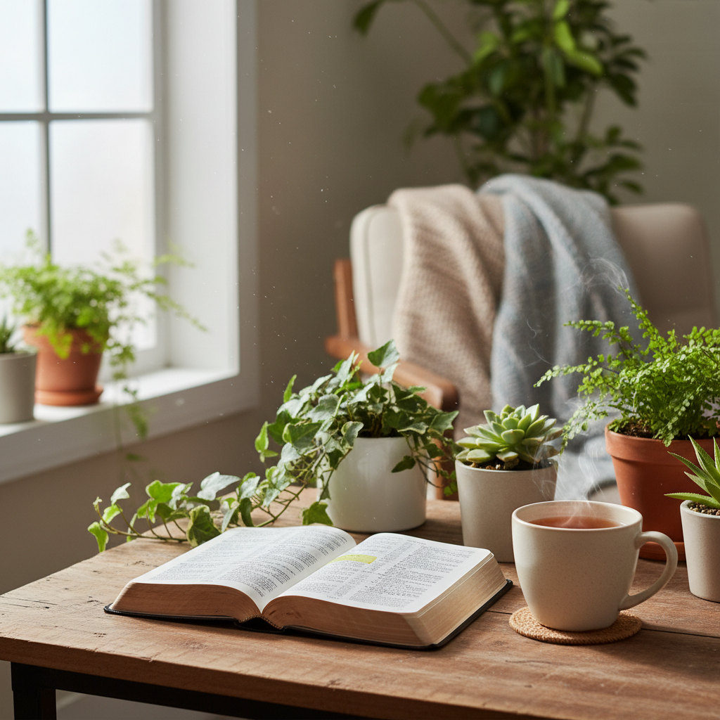 A peaceful and relaxing scene — soft natural light streaming through a window onto an open Bible and a warm cup of tea, surrounded by gentle greenery, calm and serene atmosphere.